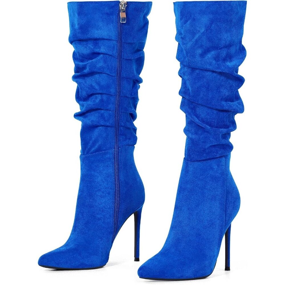 Women's Royal-Blue Suede Knee High Side Zipper Pointed Toe Stylish Dress Boot